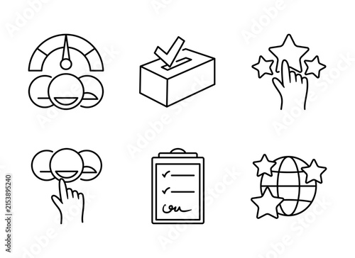 Modern interaction and feedback icon set featuring expression parameter, voting box, tap star, tap emoji, checklist clipboard, and star network