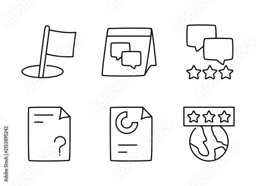 Modern business and communication icon set featuring flag marker, communication schedule, chat rating, questionnaire document, chart document, and world rating
