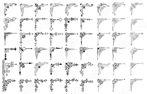 Collection of ornate black decorative corner flourishes with transparent background