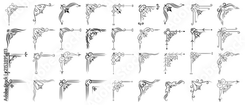 Collection of decorative flourish corner accents with transparent background, ornate