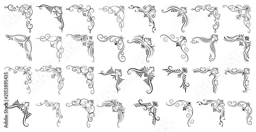 Collection of ornate black flourish corner accents with transparent background, decorative