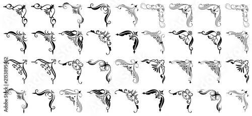 Collection of black ornate flourish corner accents with transparent background, decorative
