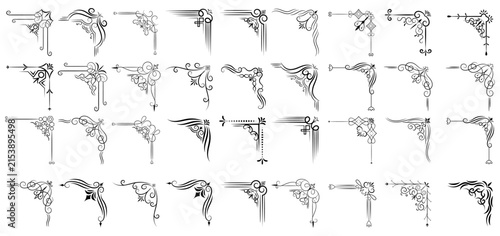 Collection of ornate black decorative corner accents with transparent background, flourish