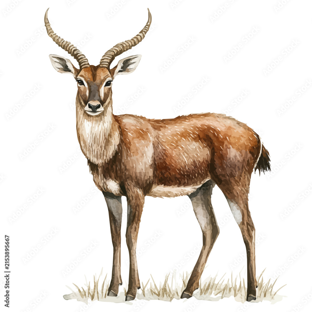 Fototapeta premium Waterbuck, watercolor painting capturing graceful lines and soft blended shades, isolated on a white background.