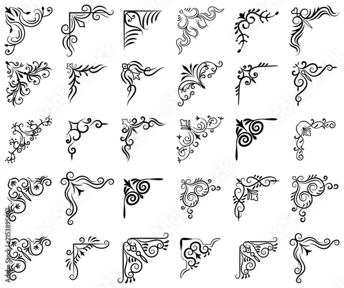 Collection of decorative black flourish corner accents with transparent background, ornate