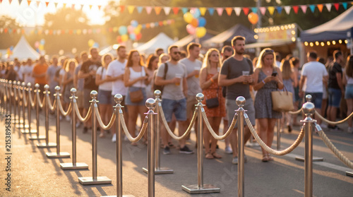 Crowd of visitors waiting in organized queue lanes at a busy outdoor festival with food stalls, colorful decorations and warm sunset light.