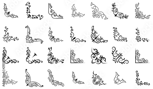 Collection of ornate black flourish corner accents with transparent background, decorative