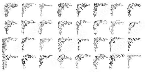 Collection of ornate black decorative corner flourishes with transparent background