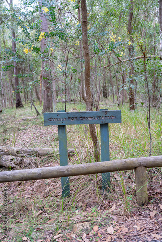 Closed for revegetation sign in native woodland protecting natural bushland restoration area