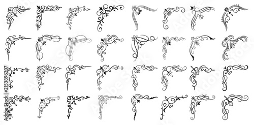 Collection of ornate black decorative corner flourishes with transparent background