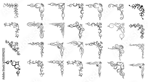 Collection of black decorative flourishes and corner ornaments white background