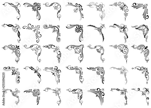 Collection of ornate black decorative corner flourishes with transparent background