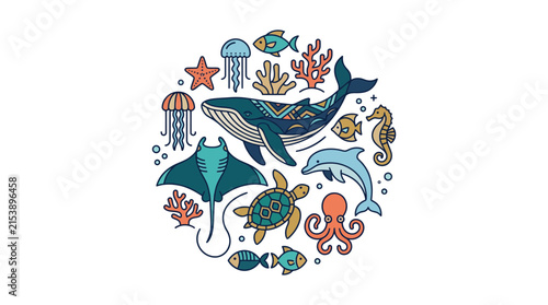 Oceanic wildlife collection marine life circle