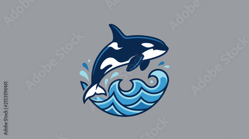 Orca whale jumping over stylized wave