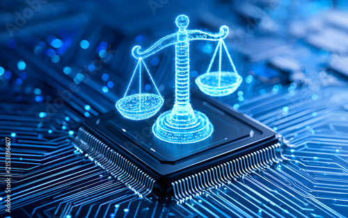 Glowing holographic scales of justice projected above a computer microchip on a circuit board