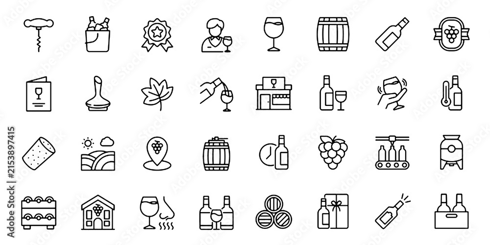 Naklejka premium Wine line editable icon set. Containing wine glass, grape, wine bottle, corkscrew, vineyard, barrel, winery. Editable stroke. Vector illustration.