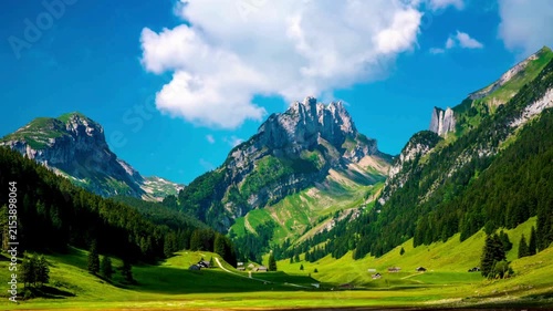 Swiss Alps Mountain Valley Landscape with Dramatic Alpine Peaks and Green Summer Meadow Grass 4k Video Footage of Scenic European Highland Terrain