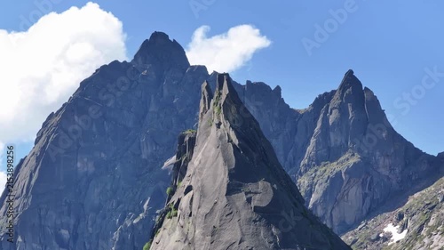 Dramatic Granite Peak Sharp Summit Landscape Aerial Footage Featuring Jagged Mountain Ridges and Rugged Geological Formations Under Clear Blue Sky for Nature and Adventure Travel Cinematic 4k Video