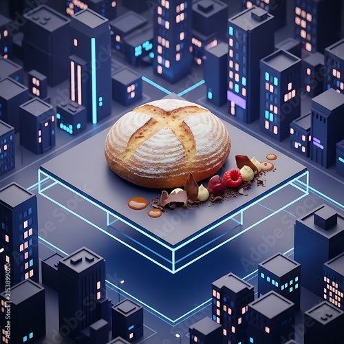 Fresh artisan bread loaf on pedestal in abstract glowing city