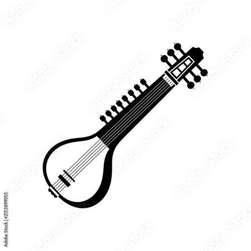 Foto Black and white illustration of a Sitar musical instrument.