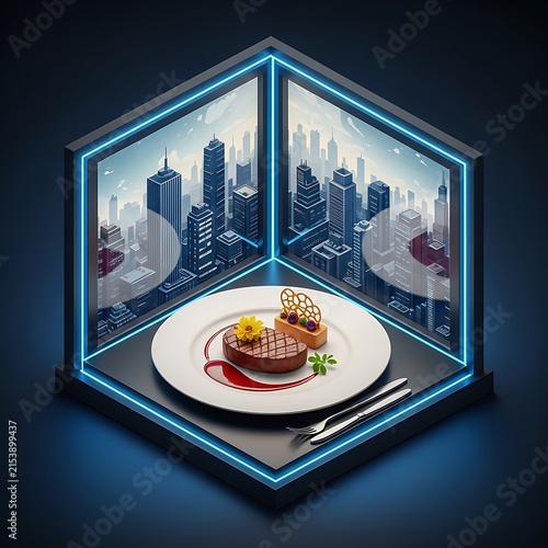 Fine dining grilled beef steak in a neon edge futuristic display