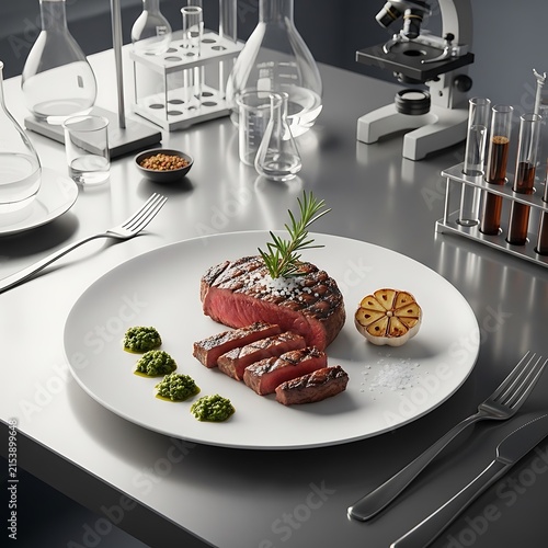 Grilled beef steak with herb garnish on plate in science laboratory