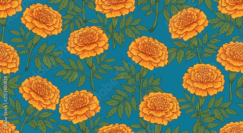 Seamless pattern with hand drawn orange marigold flowers on a blue background.