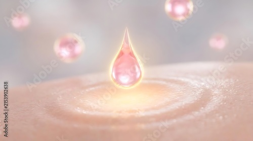 Pink liquid droplet falling onto skin texture