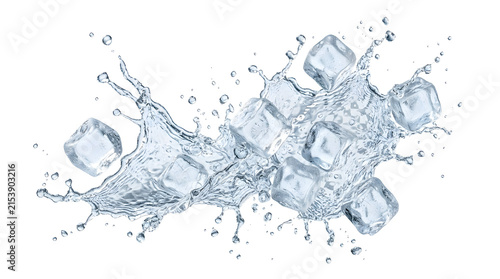Dynamic splash of clear water with multiple ice cubes creating a refreshing and cool effect on a white background.