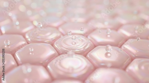 Seamless pattern of pink iridescent hexagonal shapes with water droplets