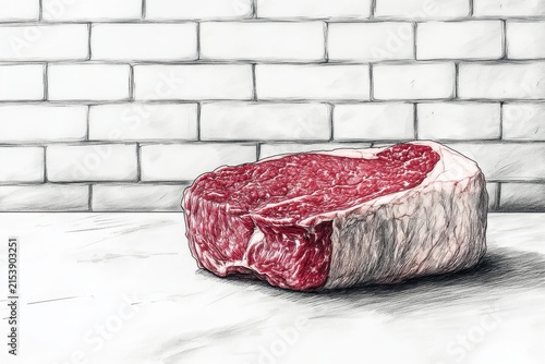 Raw Beef Chuck Steak Drawing on Kitchen Counter