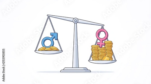 Unbalanced scale with gender symbols and gold coins