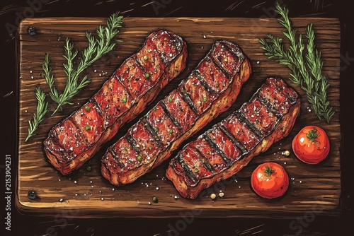 Grilled New York Strip Steaks with Fresh Herbs on Rustic Table