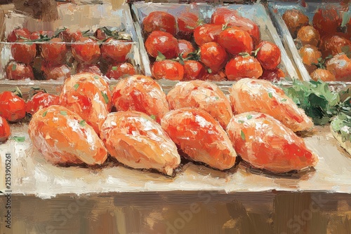 Fresh Chicken Breasts and Tomatoes Displayed for Sale