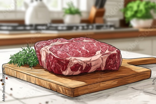 Fresh Beef Chuck Steak on Cutting Board in Kitchen