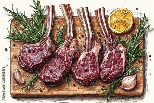 Four Raw Lamb Chops with Herbs and Lemon on a Wooden Board