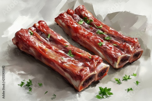 Close-up Illustration of Raw Pork Ribs with Parsley Sprigs