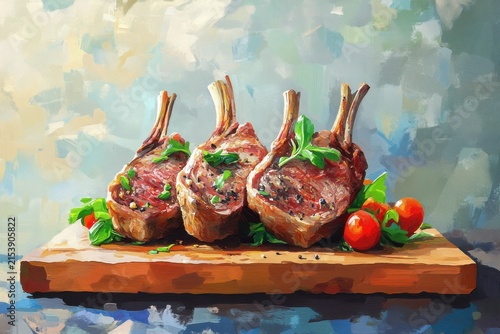 Artistic Render of Lamb Chops with Herbs and Tomatoes