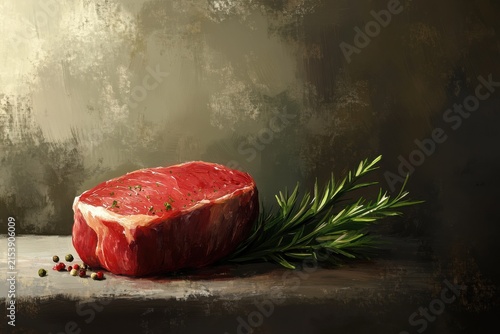 A Raw Beef Fillet with Rosemary and Seasoning