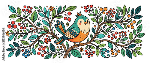 Cute cartoon bird perched on a decorative branch with berries