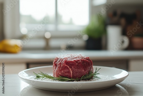 A Fresh Beef Chuck Steak With Rosemary on a Plate