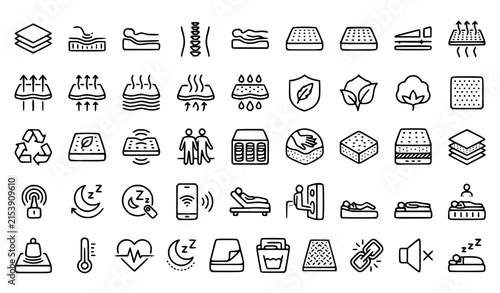 Smart Mattress and Sleep Technology Outline Icons with Comfort Support Motion Isolation and Editable Vector