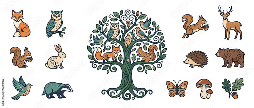 Obraz premium Whimsical Woodland Creatures and Tree Illustration Isolated