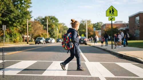 Child Crossing Street at School Crosswalk with Backpack