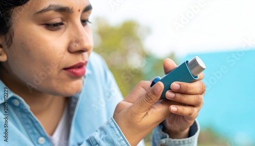 Young Indian woman holding a blue asthma inhaler, focus on medical treatment for respiratory health, outdoor setting