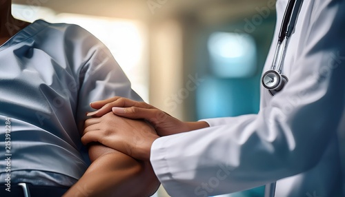 Doctor comforting patient by holding their hand for empathy and support in a hospital setting