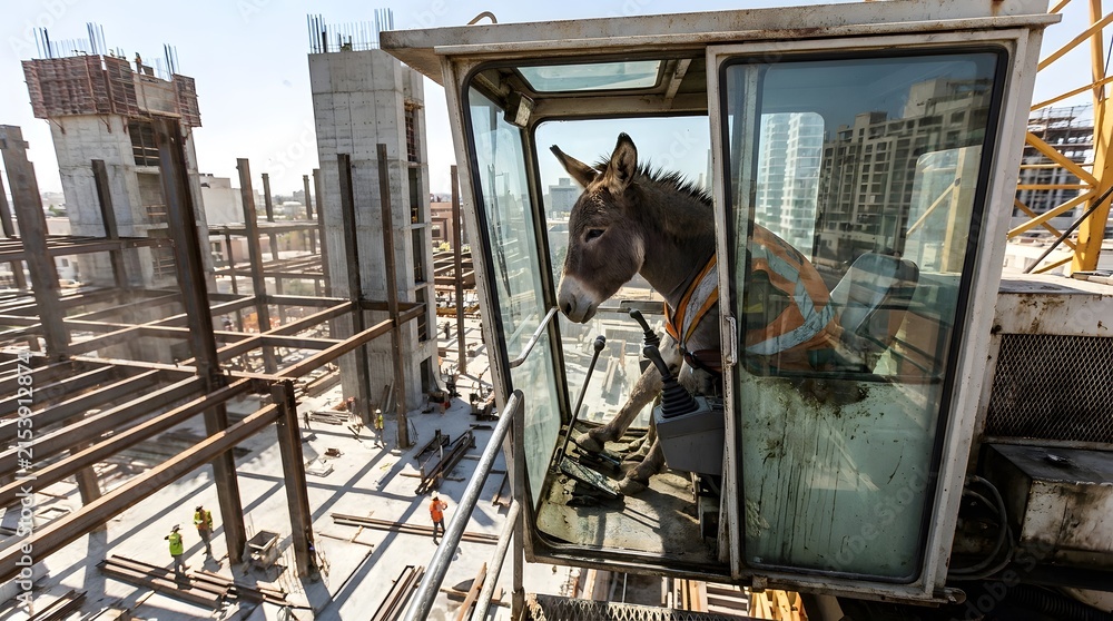 Obraz premium Young Donkey Worker Looking Out From Construction Crane Cabin