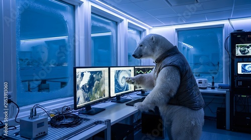 White Bear Working on Computer Screens in Control Room