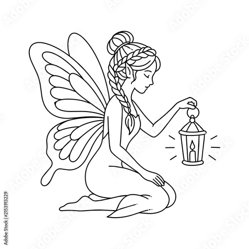 Beautiful kneeling fairy with magical lantern fantasy coloring page line art