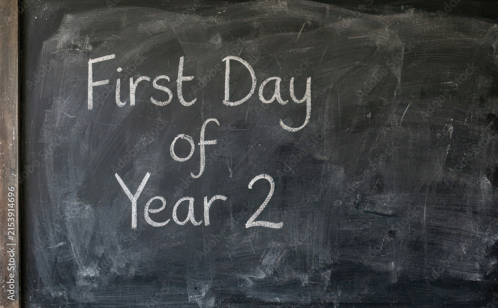 Fototapeta premium First Day of Year 2 written in white chalk on a dark blackboard representing back to school and education concepts for students
